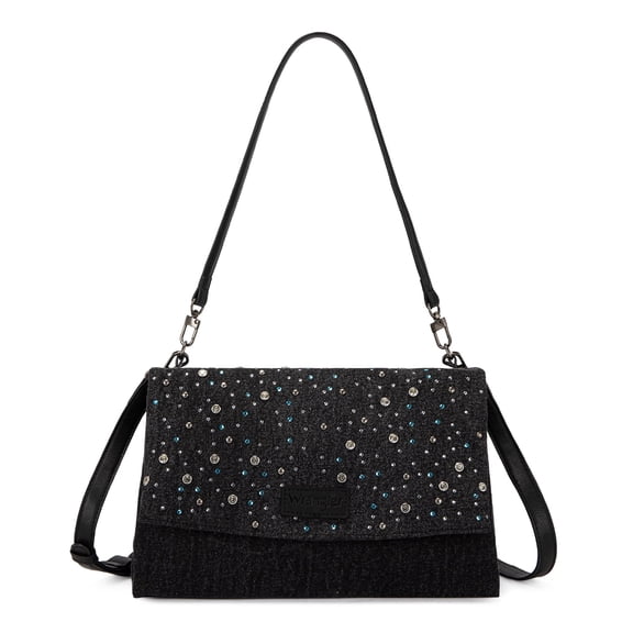 Wrangler Rhinestone Denim Canvas Crossbody Shoulder Bag for Women Bling Handbag, Black