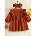 thumbnail image 2 of ZEHJUHAN Infant Girls Solid Color Long Sleeve Dress Ruffle Trim Accent Matching Headband Casual Party Wear Brown，6-12M, 2 of 7