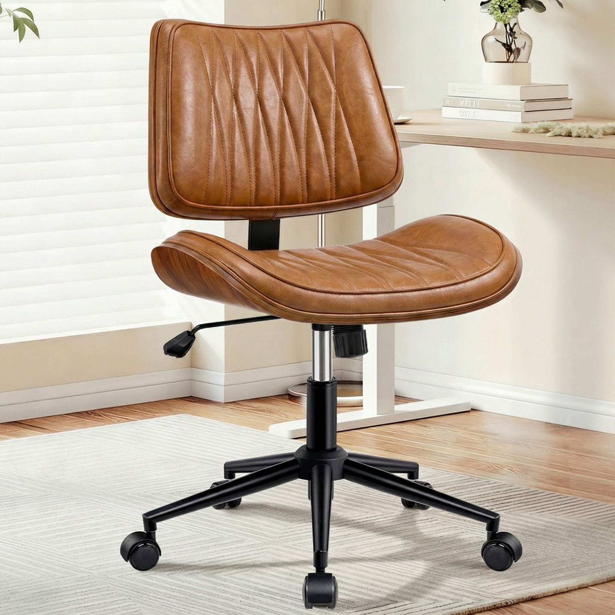 COOLHUT Home Office Chair, Armless Adjustable Height Small Office Desk Chair, PU Leather Swivel Computer Chair, Modern Walnut Bentwood Chair for Office, Reading Meeting Room, Makeup Vanity, Brown