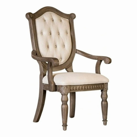 Hama Dining Armchair Set of 2-Weathered Oak Wood-Tufted Beige Fabric