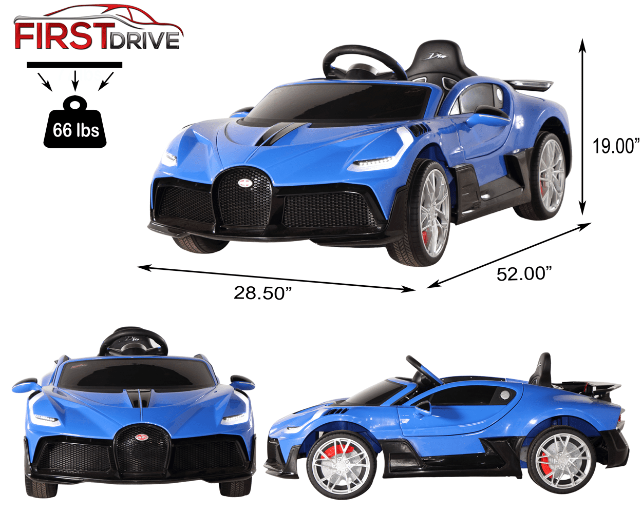 Bugatti Divo - Blue- Dual Motor Electric Power Ride On Car W/ Parental  Remote, MP3, Aux Cord, Bluetooth, Led Headlights, and Premium Wheels- by  First Drive