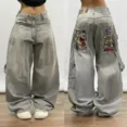 thumbnail image 3 of Street Y2K-pantalones vaqueros rectos bordados para mujer, pantalón holgado informal de gran tamaño, de pierna ancha, estilo Hip Hop y Punk, Harajuku, novedad, 3 of 5