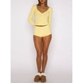 thumbnail image 2 of xiaxaixu Women's Summer Ribbed Loungewear Set, Solid Color Long Sleeve V-Neck Button Front Cropped Tops + Shorts 2 Pieces Sleepwear, 2 of 7