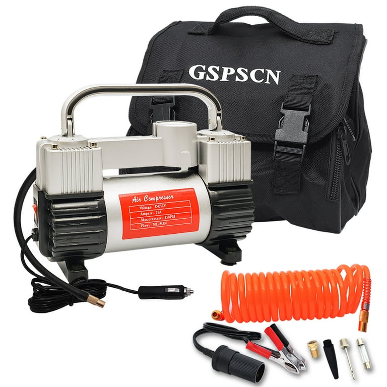 GSPSCN Portable Tire Inflator Heavy Duty Double Cylinders Metal 12V Air Compressor Pump 150 PSI with Adapter for Car Truck SUV Tires Dinghy Air