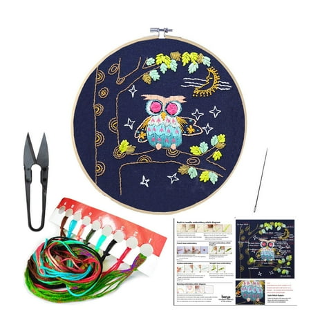 - Full Set of Handmade Embroidery Starter Kit with Cute Animal Pattern Including Embroidery Cloth,Bamboo Embroidery Hoop, Color Threads, and Tools Kit for Beginners (Owl)
