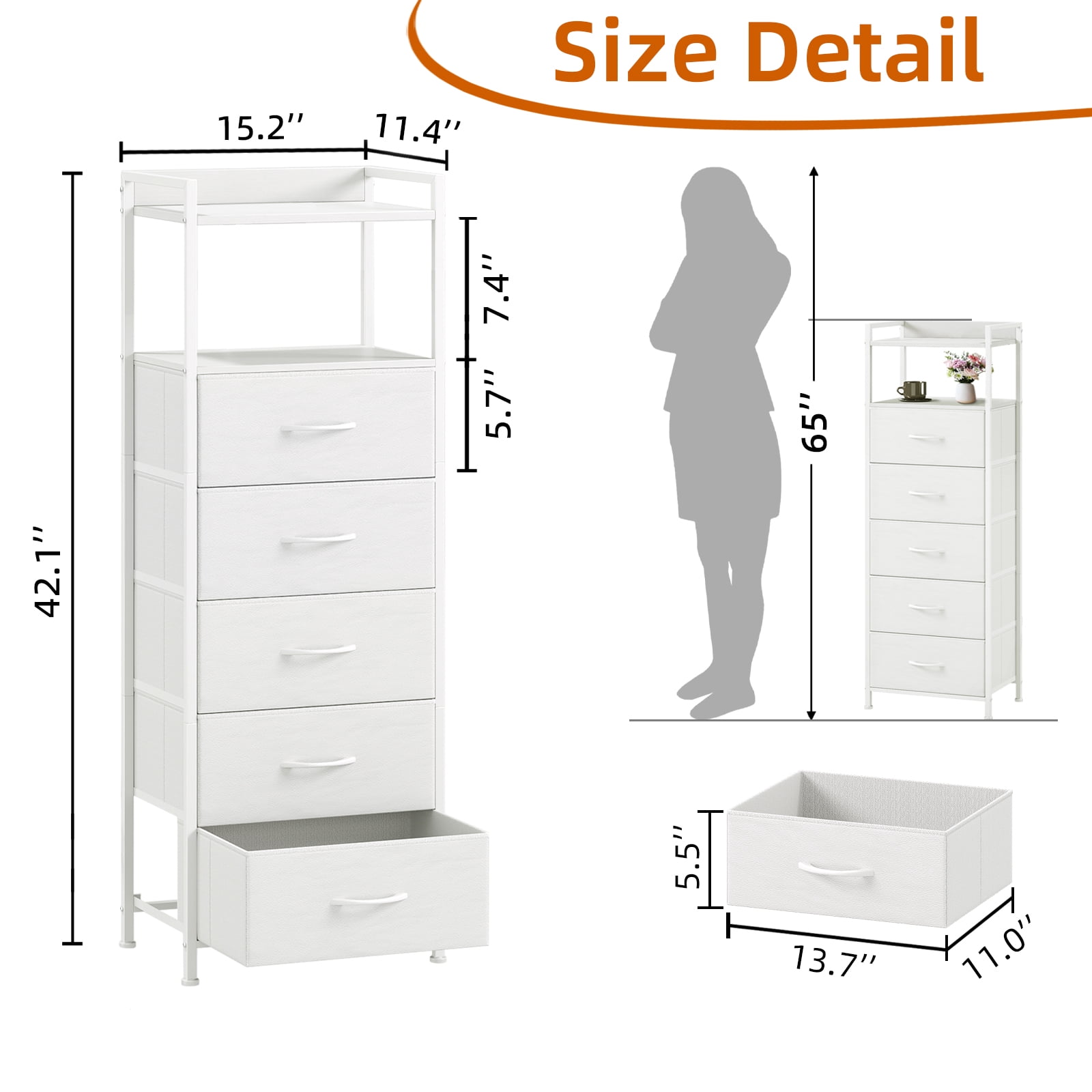 Eunos White Tall Nightstand, 5 Vertical Fabric Drawer Dresser for Bedroom, Living Room, Hallway