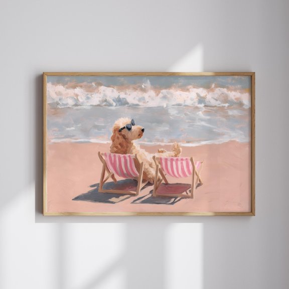 Goldendoodle Summer , Doodle Dog Coastal Wall Art, Beach House Decor Unframed Paper Print