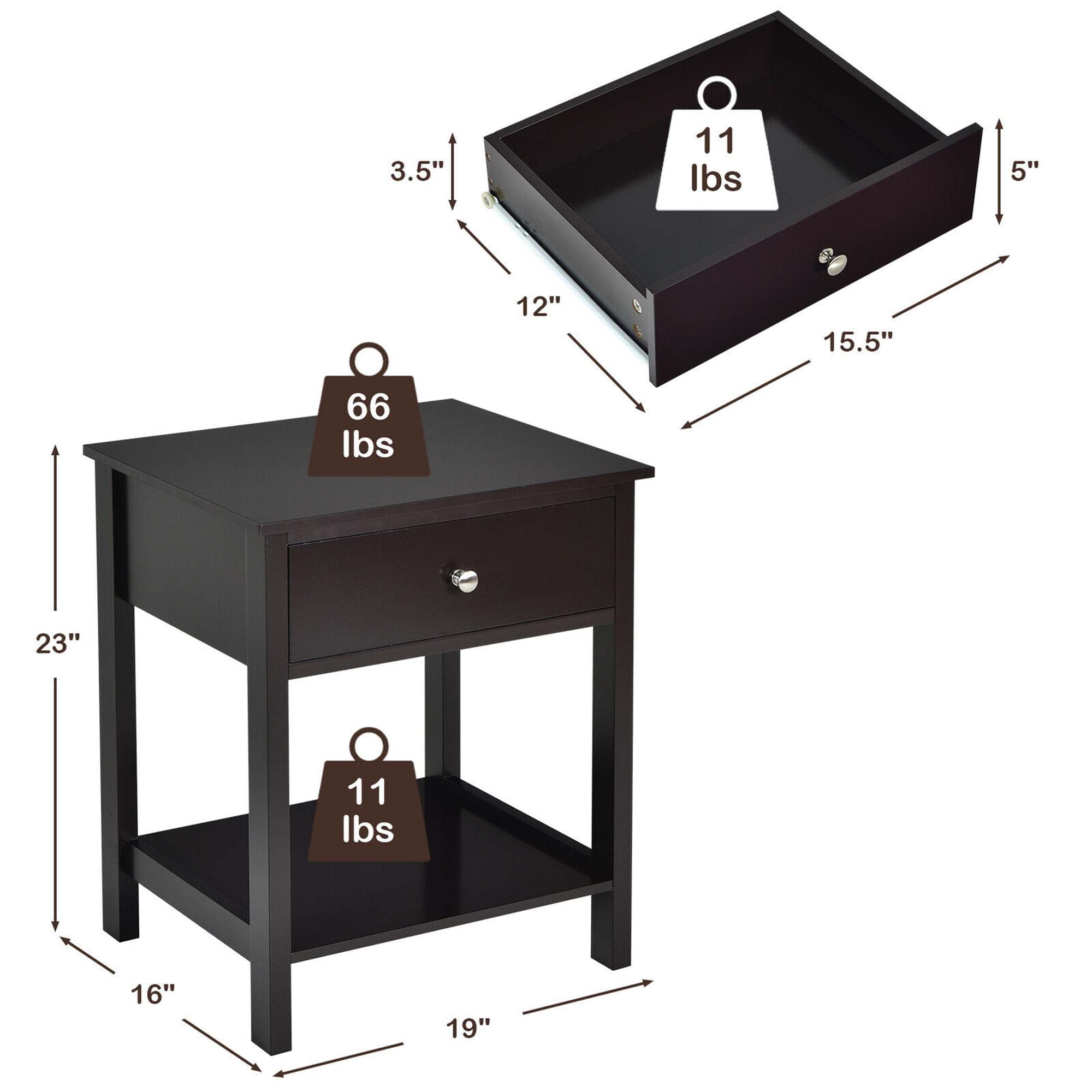 Gymax 2PCS 2-Tier Nightstand Modern Side End Table w/ Drawer & Open Shelf Brown