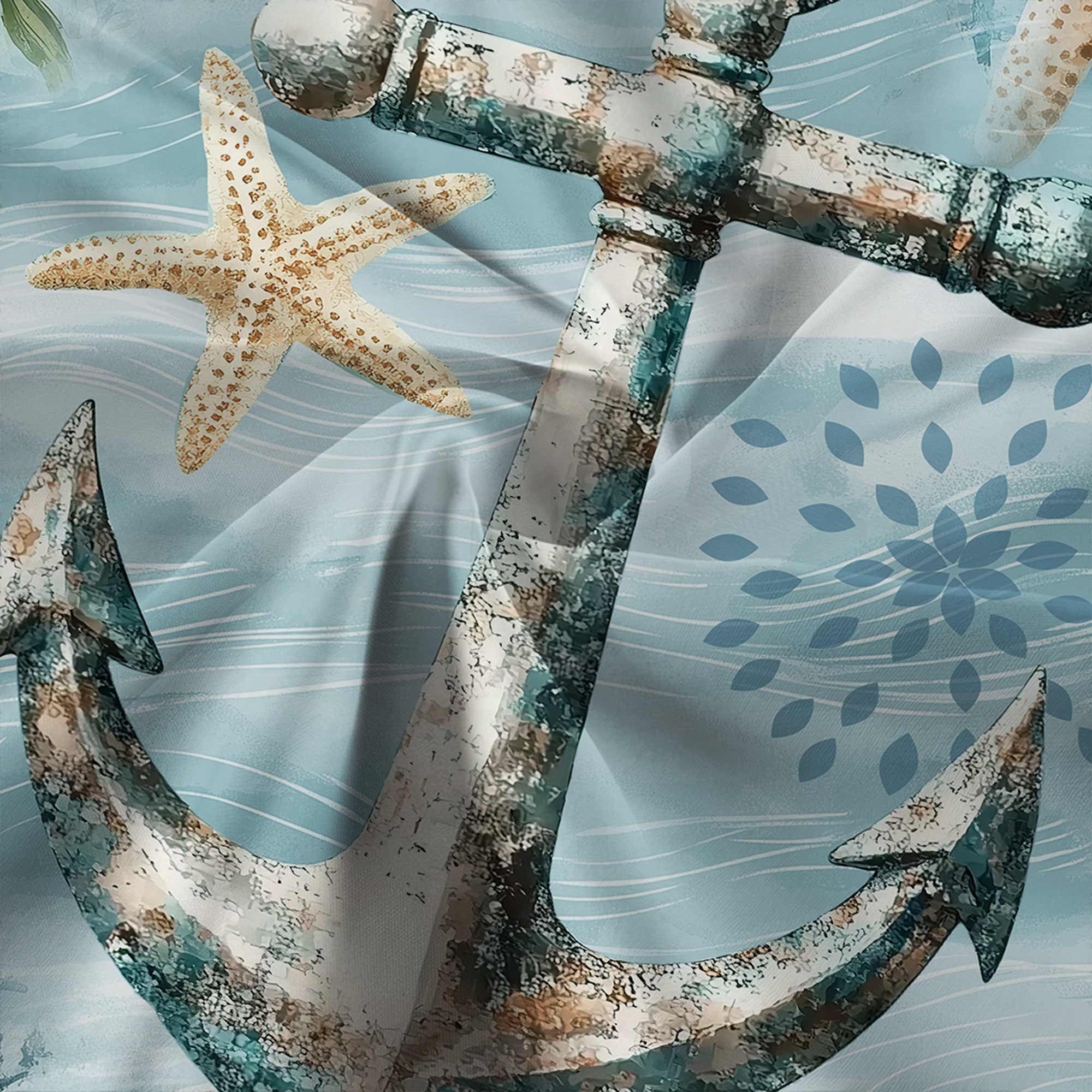 Nautical Anchor Turquoise Shower Curtain, Blue Ocean Beach Theme Seashell Nautical Rustic Decorative Bathroom Curtain, Vintage Retro Fabric Waterproof Shower Curtain Set with Hooks, 48X70in