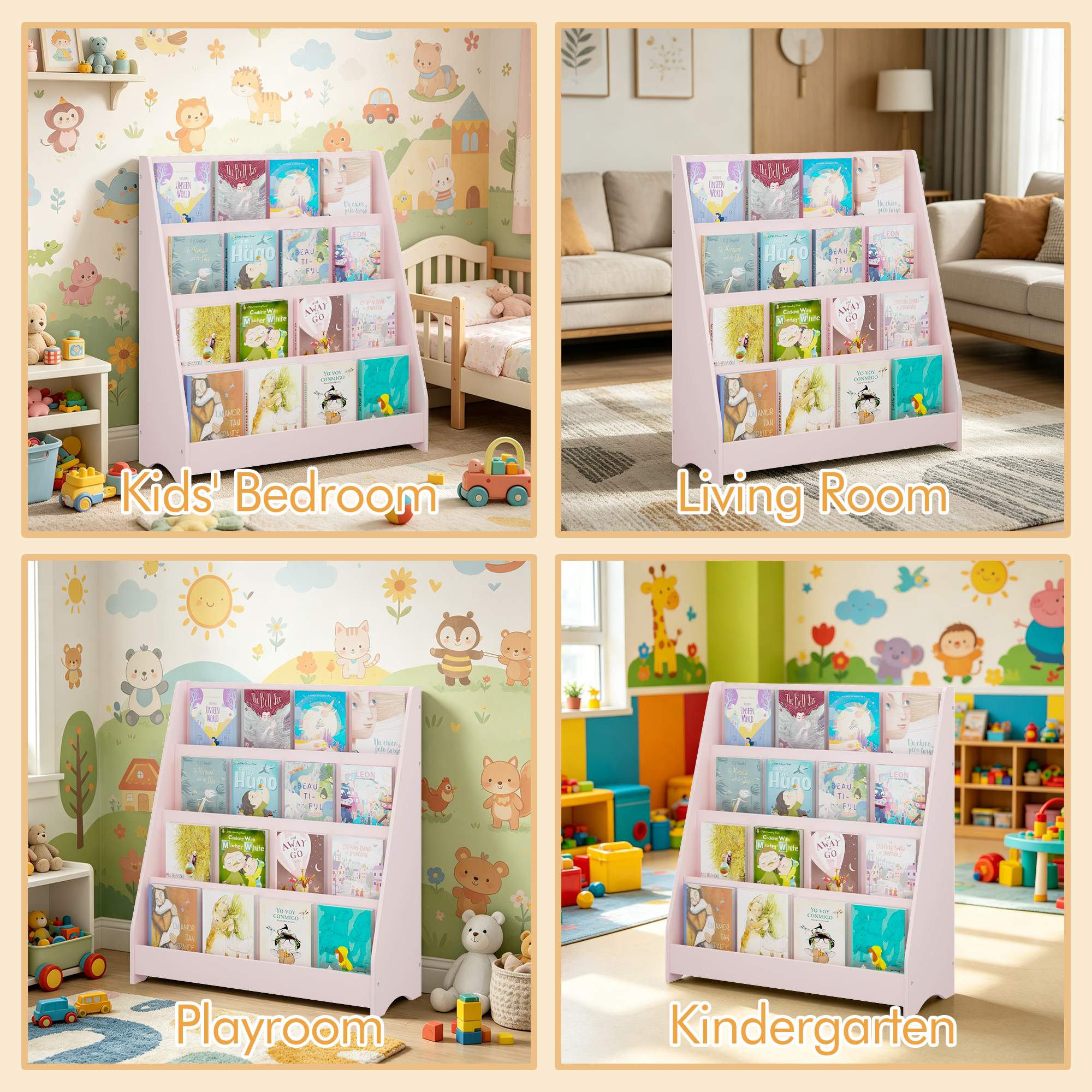 4-Tier Kids Bookshelf, Toddler Book Display Shelves, Helps Keep Bedrooms, Playrooms, and Classrooms Organized, MDF, Pink