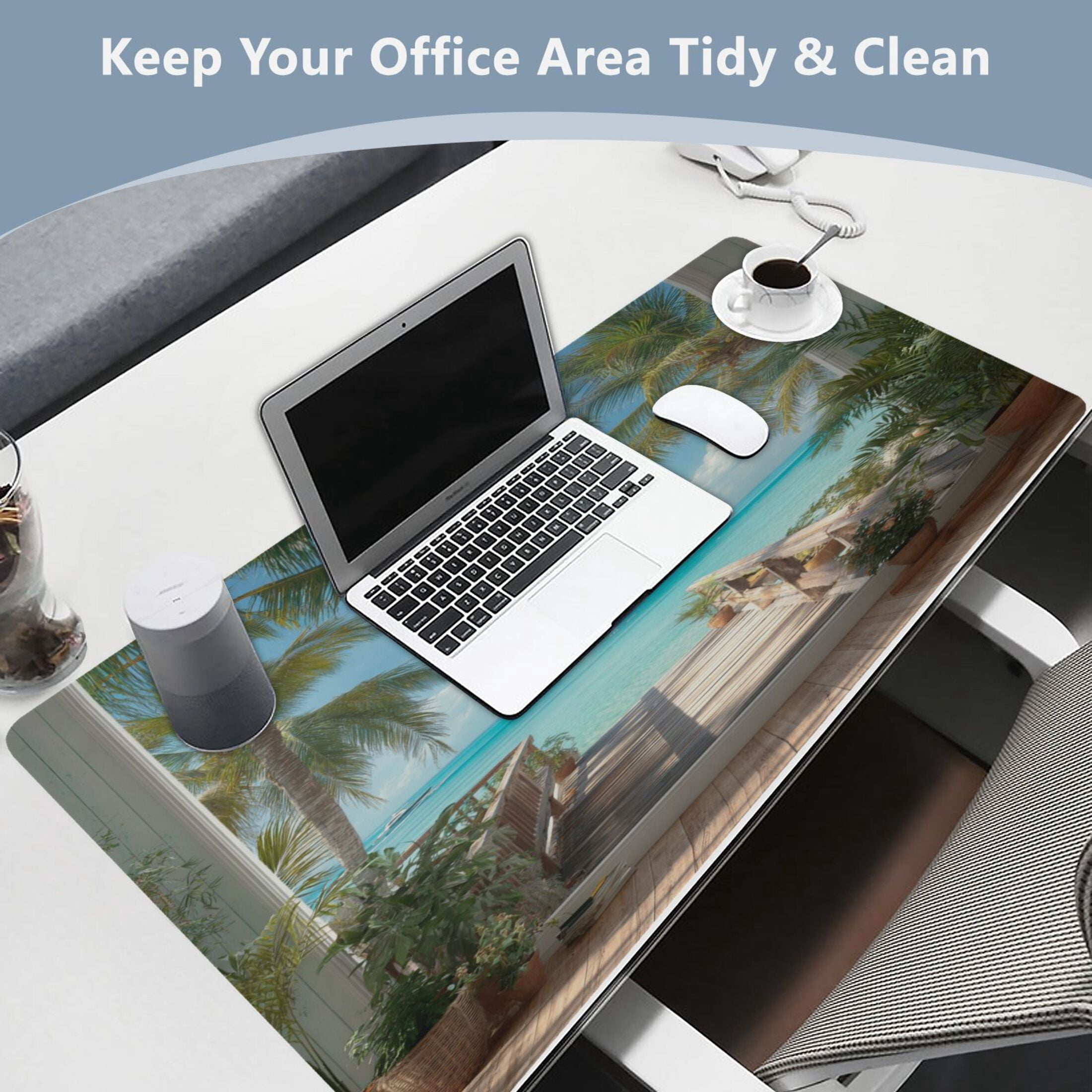 Leather Desk Pad Protector Mouse Pad Laptop Desk Mat Non-Slip Waterproof for Office and Home Giant Golden Whale Palm Trees and Ocean