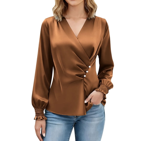Akafmk Womens Long Sleeve Maternity Tops,Womens Maternity Solid Color Satin V Neck Ruched Detail Elegant Blouse Pregnancy Fashion Mama Tops
