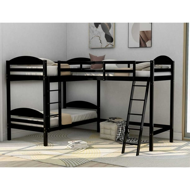 Modernluxe L Shaped Twin Size Triple Bunk Bed Wooden Loft Com Triple Bunk Bed Wooden Loft, L Shaped Triple Bunk Bed With Desk