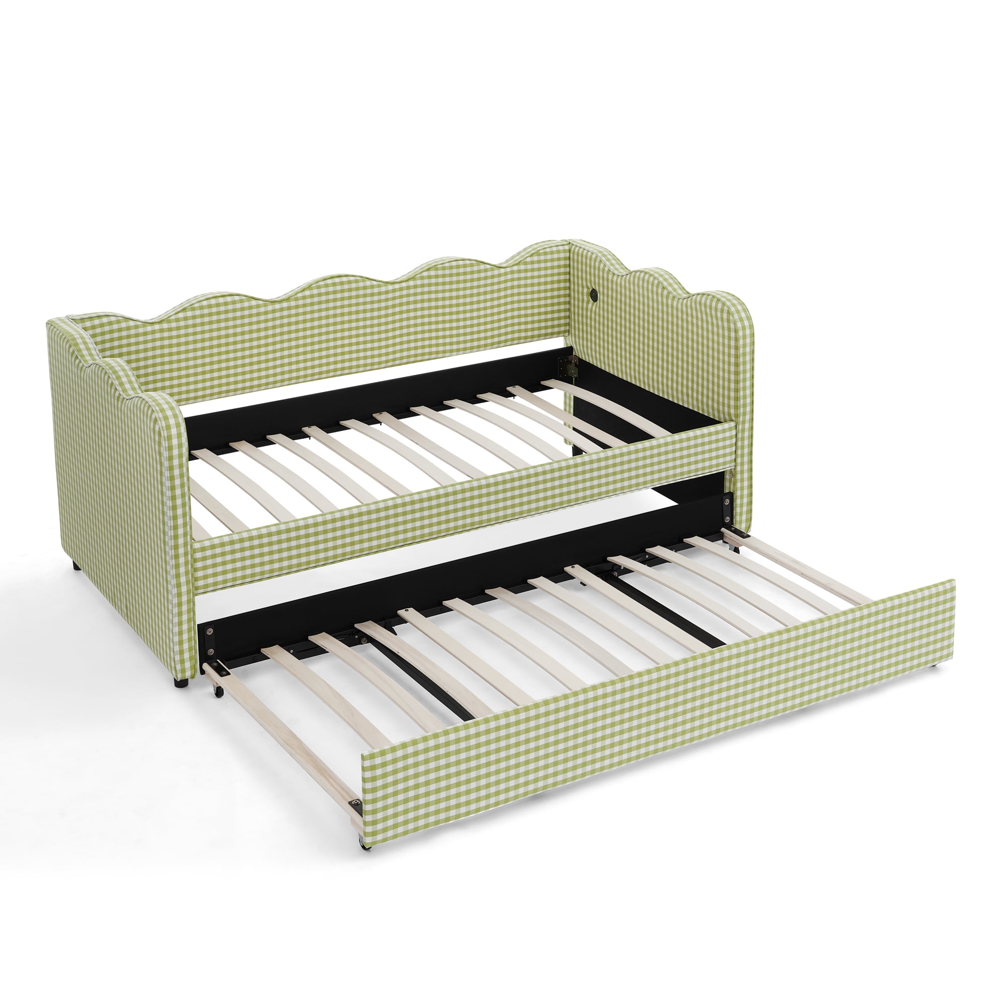 Twin Daybed with Trundle and USB Port, Upholstered Linen Sofa Bed Frame, Gingham Wave Design, No Box Spring Needed for Kids Bedroom, Green