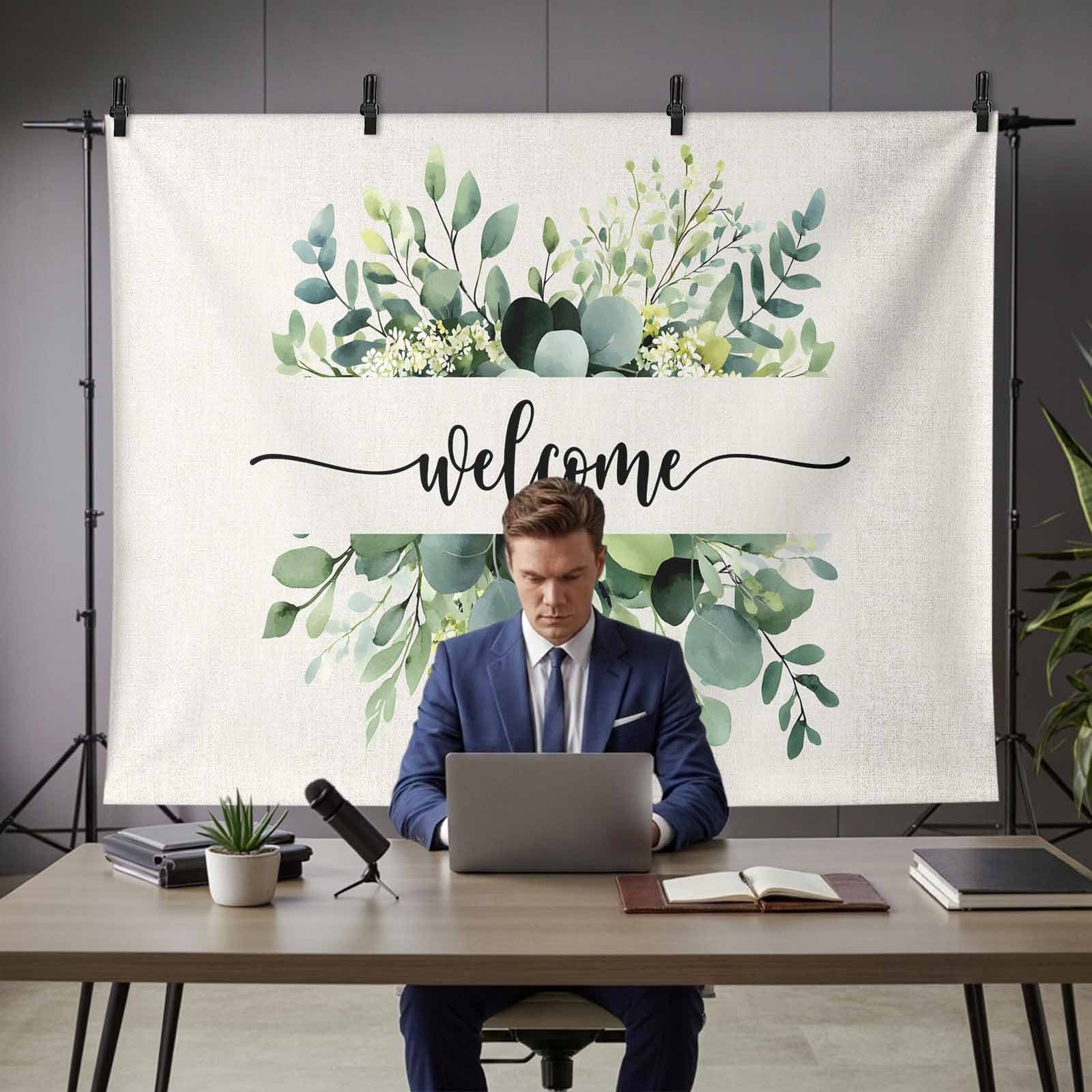 Welcome Eucalyptus Leaves Photography Backdrop 7x5FT, Linen Texture Vintage Photo Backdrops, Background for Photography Studio Photo Studio Background, Back Drop for Photoshoot