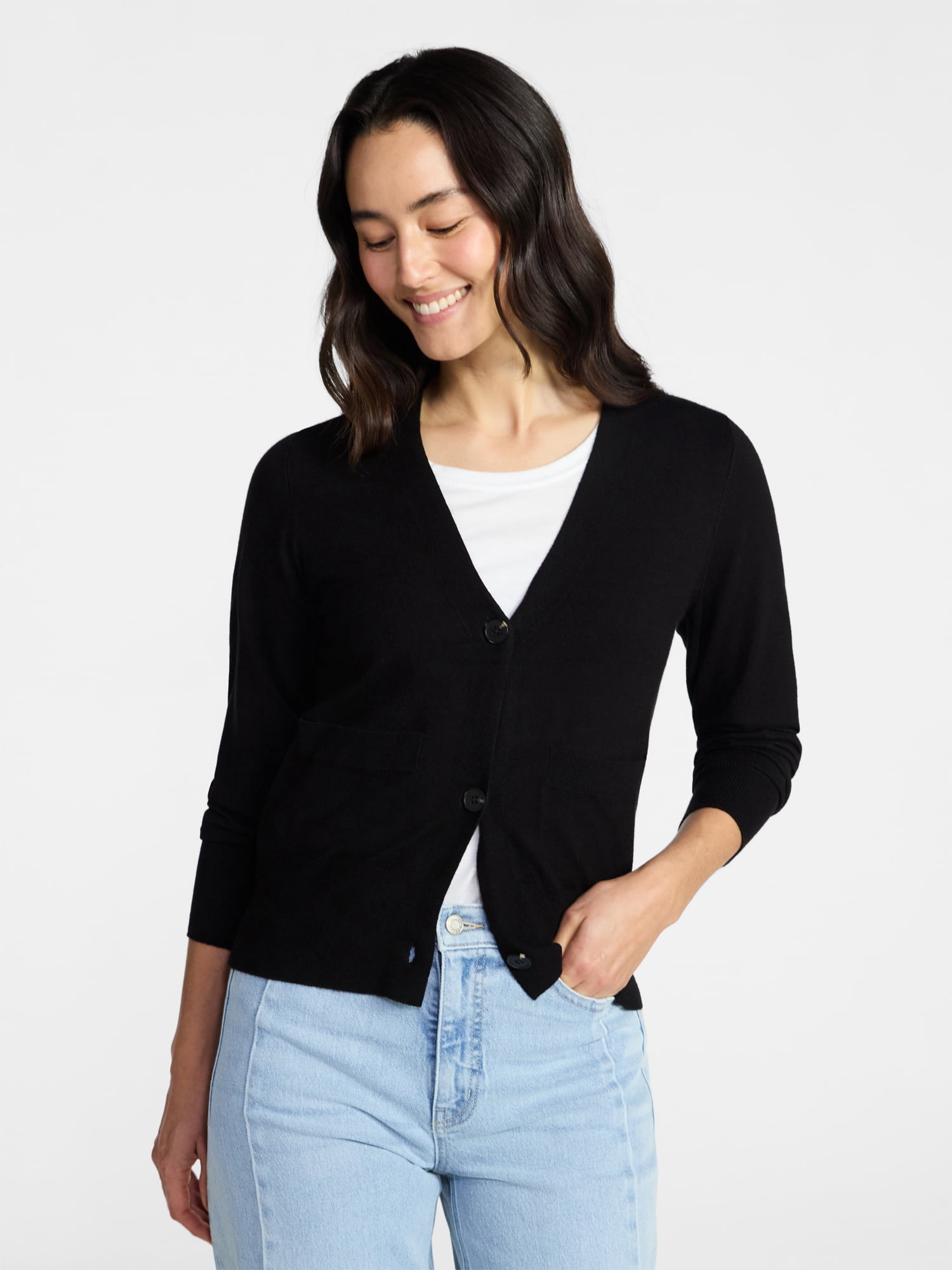 Time and Tru Women's V-Neck Cardigan Sweater, Lightweight, Sizes XS-XXXL
