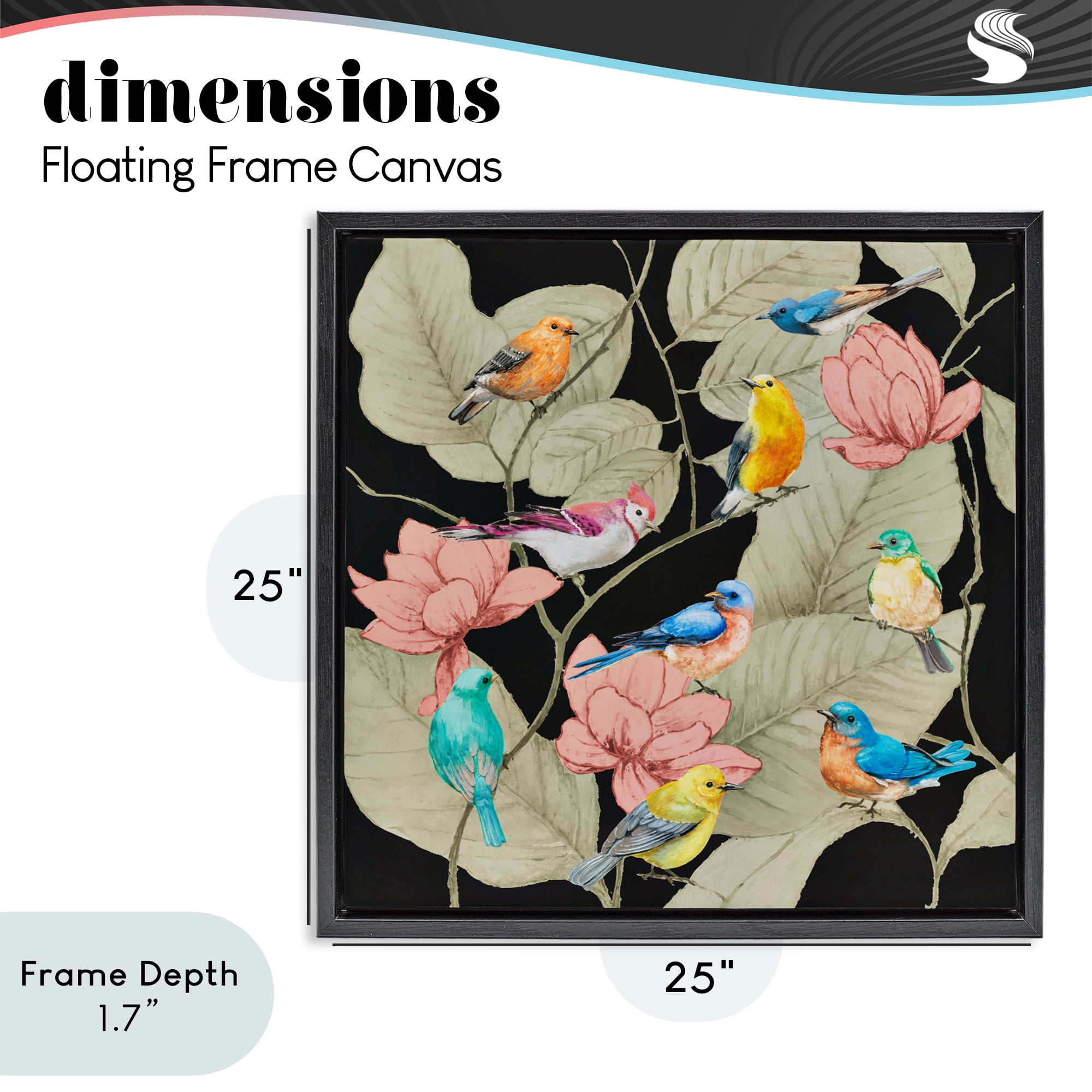 Stupell Industries Colorful Birds & Leaf Motif Black Framed Floater Canvas Wall Art, design by Lorenzo Collective