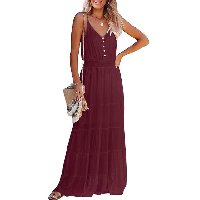 Vestido PRETTYGARDEN XL Maxi Rojo Vino con Tirantes Finos