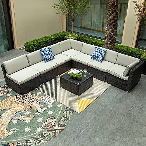 Yitahome 8 Pieces Patio Furniture Set Outdoor Sectional Sofa Pe Rattan Wicker Conversation Outside Couch With Table And Cushions For Porch Lawn Garden Backyard Black Com Outdoor Sectional Sofa Pe Rattan Wicker, Yitahome 6 Piece Outdoor Sectional Patio Furniture Sets