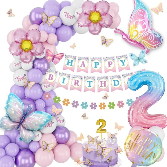 YANSION 2nd Birthday Decorations for Girls, Pink Purple Birthday Balloons, Second Birthday Decorations, Set With Butterfly Stickers, Butterfly Foil Balloons, Happy Birthday Banner, Number 2 Balloon