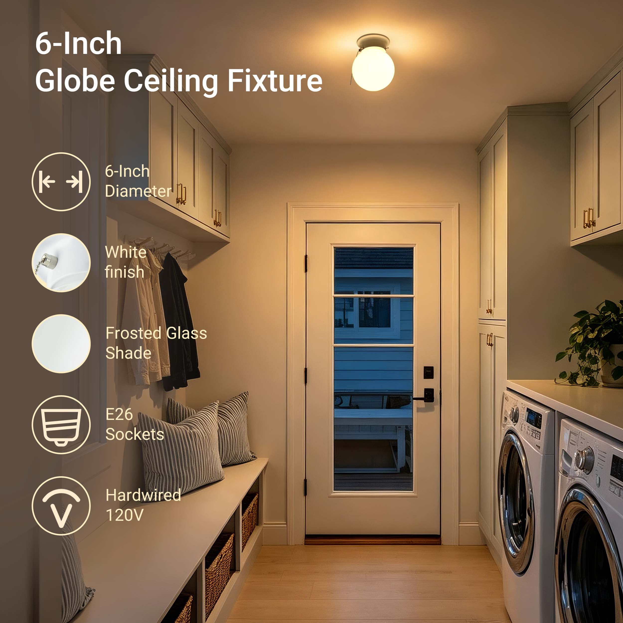 Mainstays 5.9 in Flush Mount Ceiling Light, White Finish, Frosted Glass Shade, Bulb Not Included