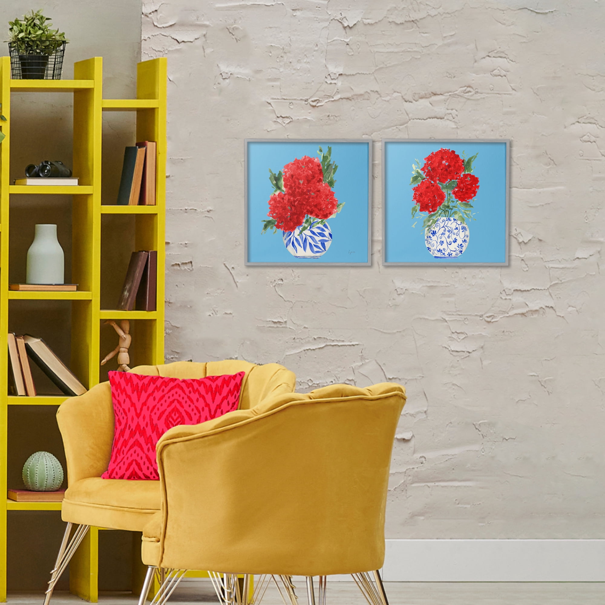 Stupell Industries Bright Red & Blue Hydrangeas 2 Piece Gray Framed Giclee Art Set, design by Lucille Price