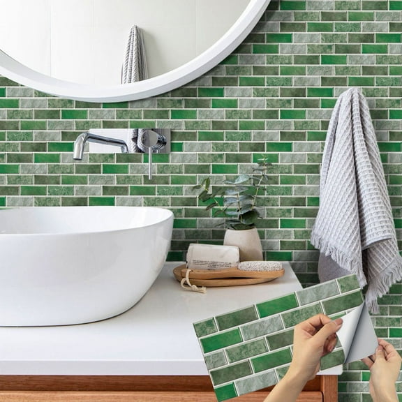 6Pcs Self Adhesive Tile Stickers Green Gray Marbling Wall Decals 11.8x5.9inch DIY Tiles Vinyl Waterproof Peel and Stick Backsplash Wallpaper