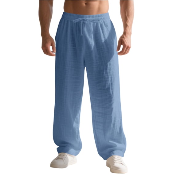 GrmtClth Mens Linen Pants Drawstring Elastic Waist Casual Beach Yoga Pants Lightweight Loose Fit Lounge Pants Summer Baggy Travel Pant with Deep Pockets Blue 3XL