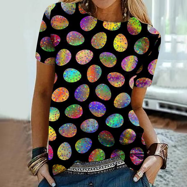 Daisyyozoid Chandail de Pâques Drôle pour Femmes, Imprimé d'Oeufs Colorés, Blouse Décontractée et Amusante à Manches Courtes