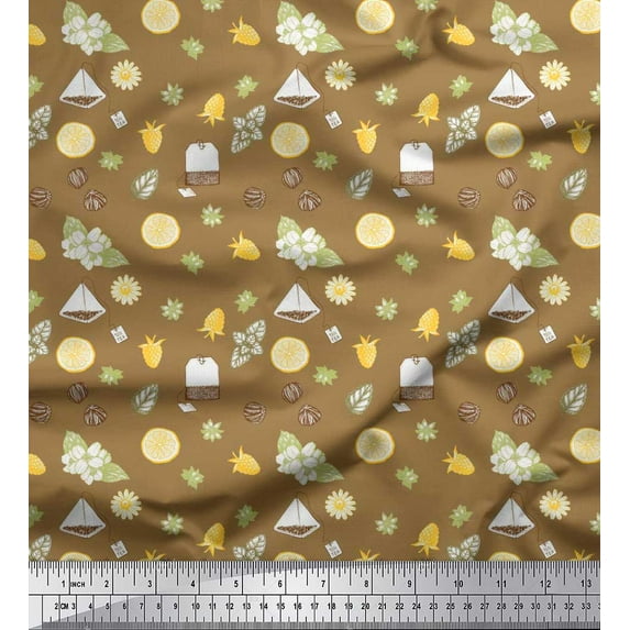 Soimoi Brown Cotton Cambric Fabric Tea Bag,Star Anise & Lemon Slice Vegetable Decor Fabric Printed Yard 42 Inch Wide