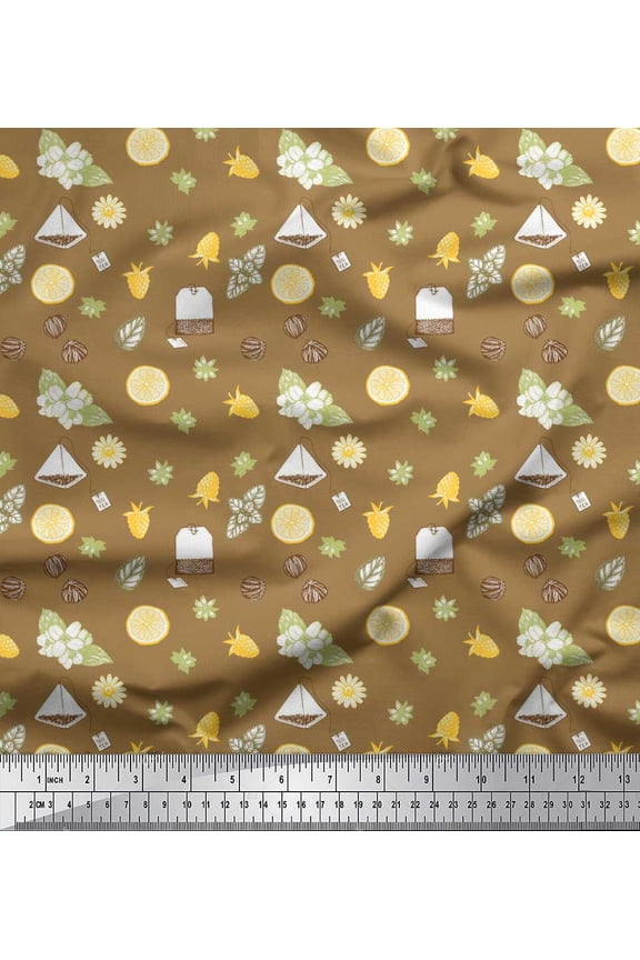 Brown Viscose Chiffon Fabric Tea Bag,Star Anise & Lemon Slice Vegetable Printed Fabric 1 Yard 42 Inch Wide