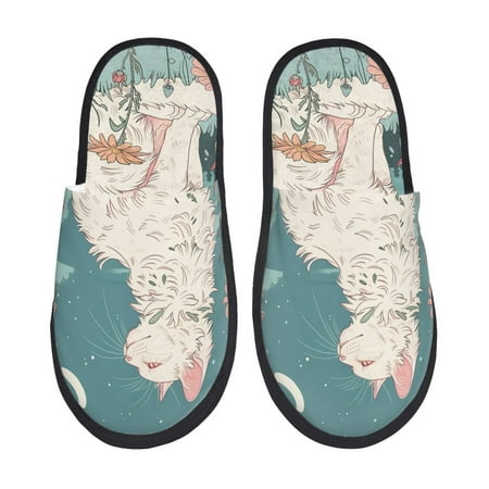 

Fuzoiu Celestial Cat And Flowers Print Unisex Furry Slippers Plush Indoor Shoes Trendy House Slippers Anti-Skid EVA Sole House Shoes for Home Office and Travel -Medium