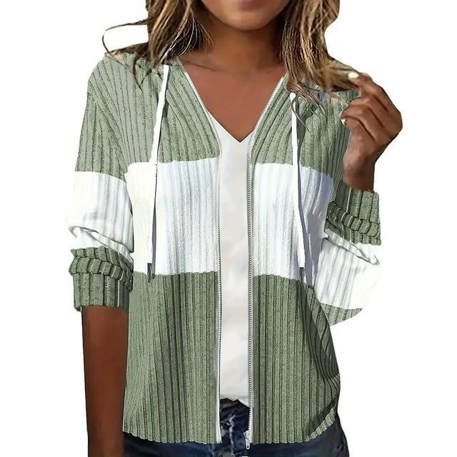 Women's Ribbed Color Block Hooded Sweatshirt Winter Warm Zip Up Pullover Jacket Casual Fashion Outerwear For Daily