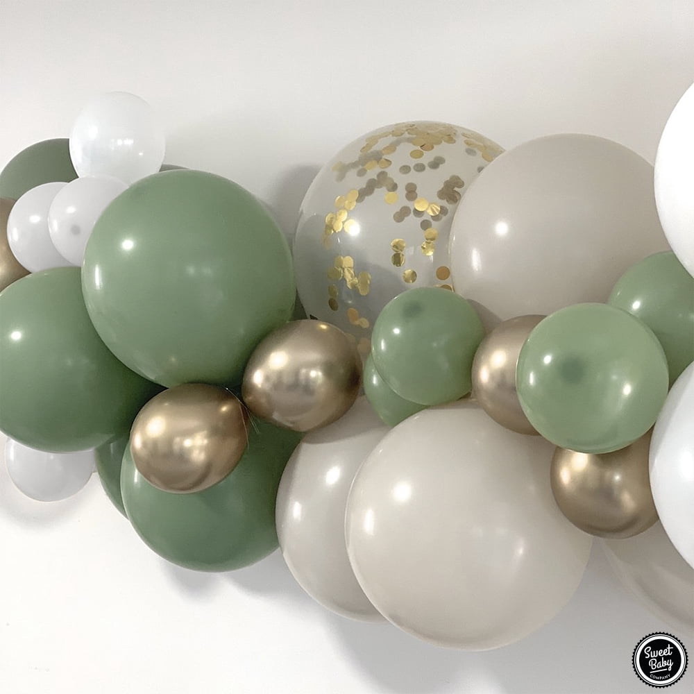 Sage Green Balloon Garland Kit with Matte Sage Olive, Taupe, White, Gold Metallic, Confetti Balloons