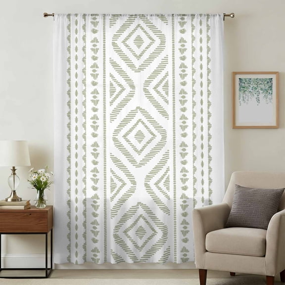 Boho Sage Green Geometric Sheer Curtains 54 Inches Long, Vintage Southwestern Stripes Light Filering Curtains, Breathable Simi Curtain Privacy Drapes for Kitchen Bathroom Small Window Treatment