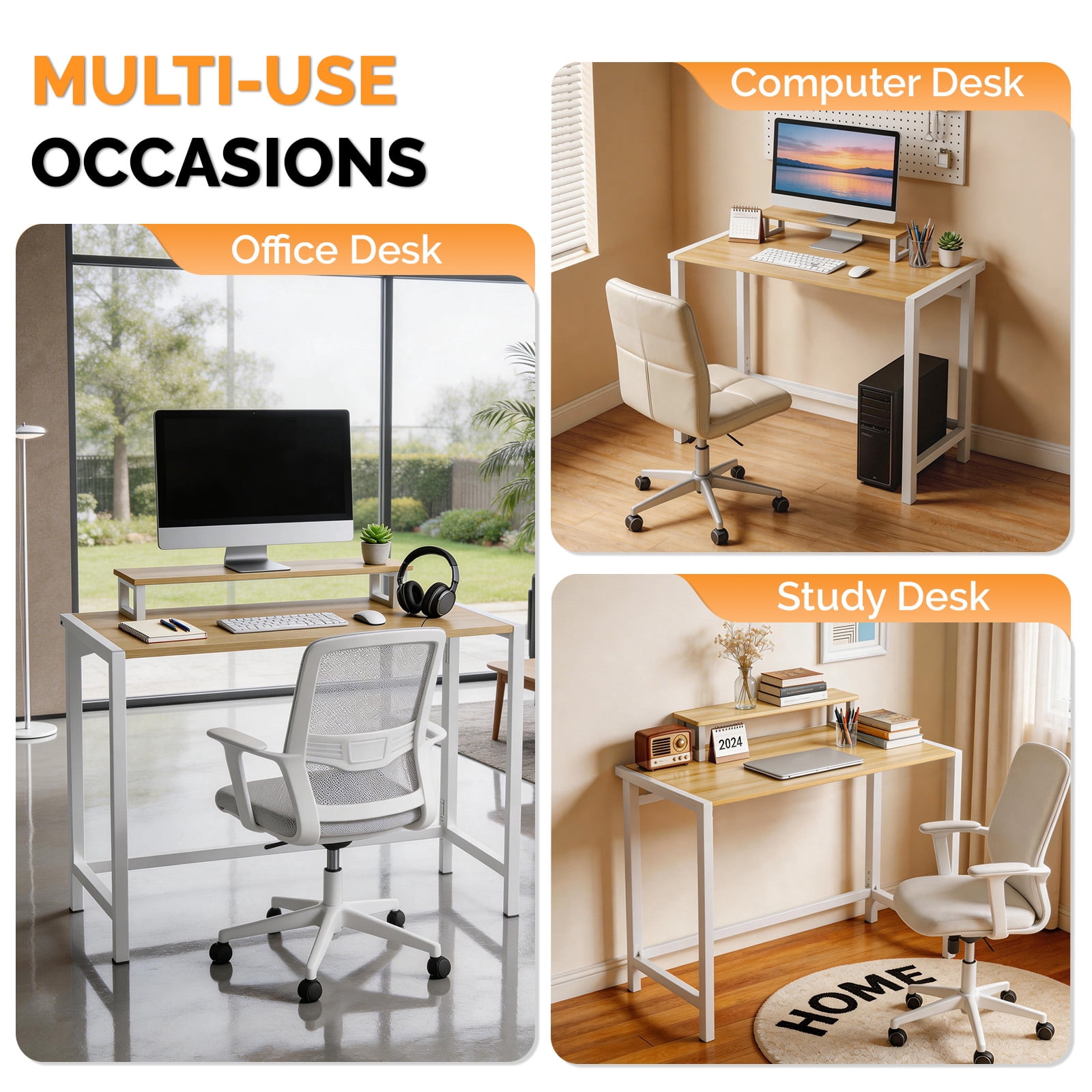 Astoutdoor Folding Computer Desk with Shelf and RGB Lighting, 31.5 in, Teak and White