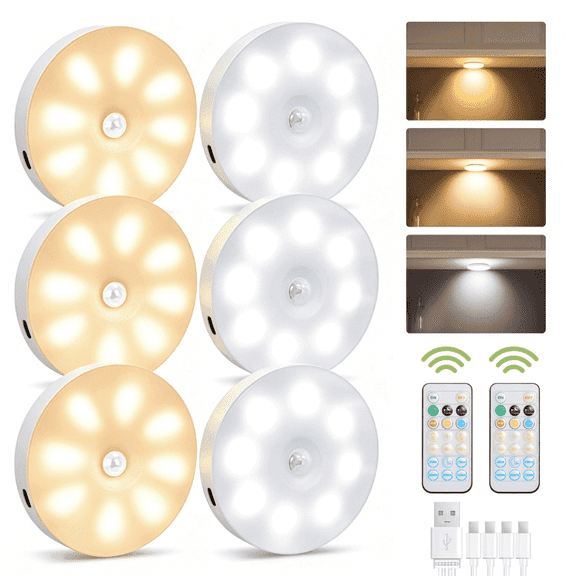 ZHUYZ Under Cabinet Lighting, 6 Pack   2 Remotes Rechargeable Puck Lights with Remote, 3 Color Temperatures & Magnetic Installation, Motion Sensor LED Light for Closet Cabinet Hallway