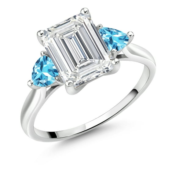 Gem Stone King 10K White Gold IGI Certified VS Lab Grown Diamond & Swiss Blue Topaz 3 Stone Engagement Ring for Women | 3.52 Cttw | Center Emerald Cut Diamond 3 Ct | 4MM Trillion (Size 6.5)