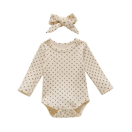 

Canrulo Newborn Baby Girls Romper Ribbed Polka Dot Long Sleeve Jumpsuit with Headband Infant Clothes Beige 9-12 Months