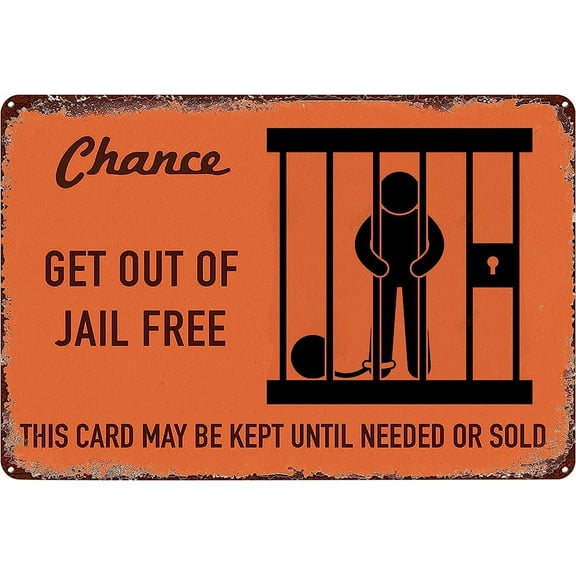 Tin Sign-Chance Card "Get Out of Jail Free" Metal Tin Sign, Vintage Wall Decor, Funny Decor for Home Bar, 8X12 Inch