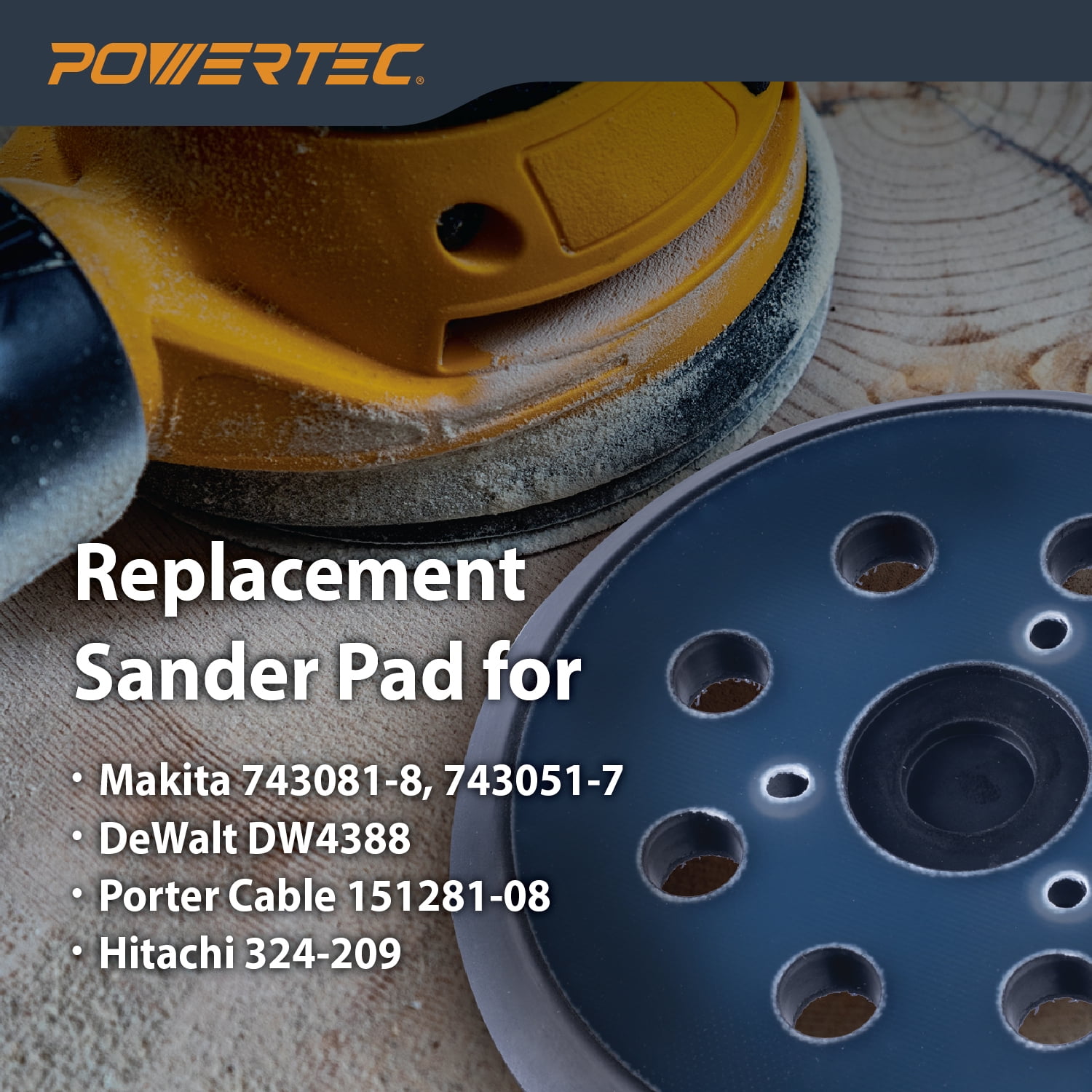POWERTEC 4PK 5 inch 8 Holes Hook and Loop Sander Pad, 5 Inch Backing Plate Replacement for Makita 743081-8 743051-7, DeWalt DW4388, Porter Cable 151281-08, Hitachi 324-209 (46905N)