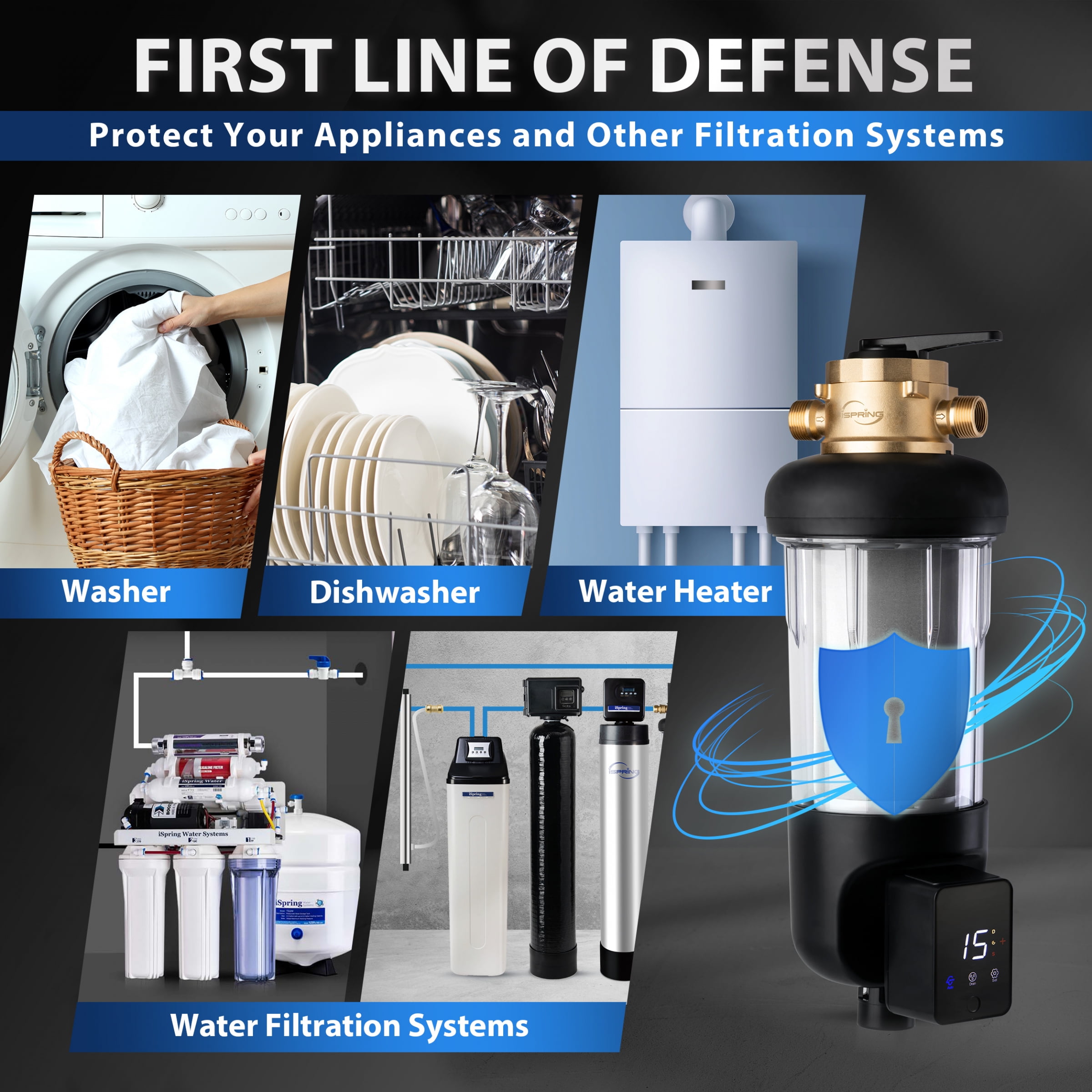 iSpring WSP50ARJ-BP Whole House Water Filter System Prefilter, Auto Flushing Spin Down Sediment Filter for Well Water, Integrated Bypass, 4-Mode Touch-Screen, Reusable, Jumbo Size, 50 Micron