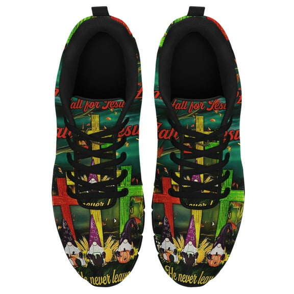 Fall For Jesus He Never Leaves Gnomes Thanksgiving Running Shoes Sneakers Mesh Black Size 3.5