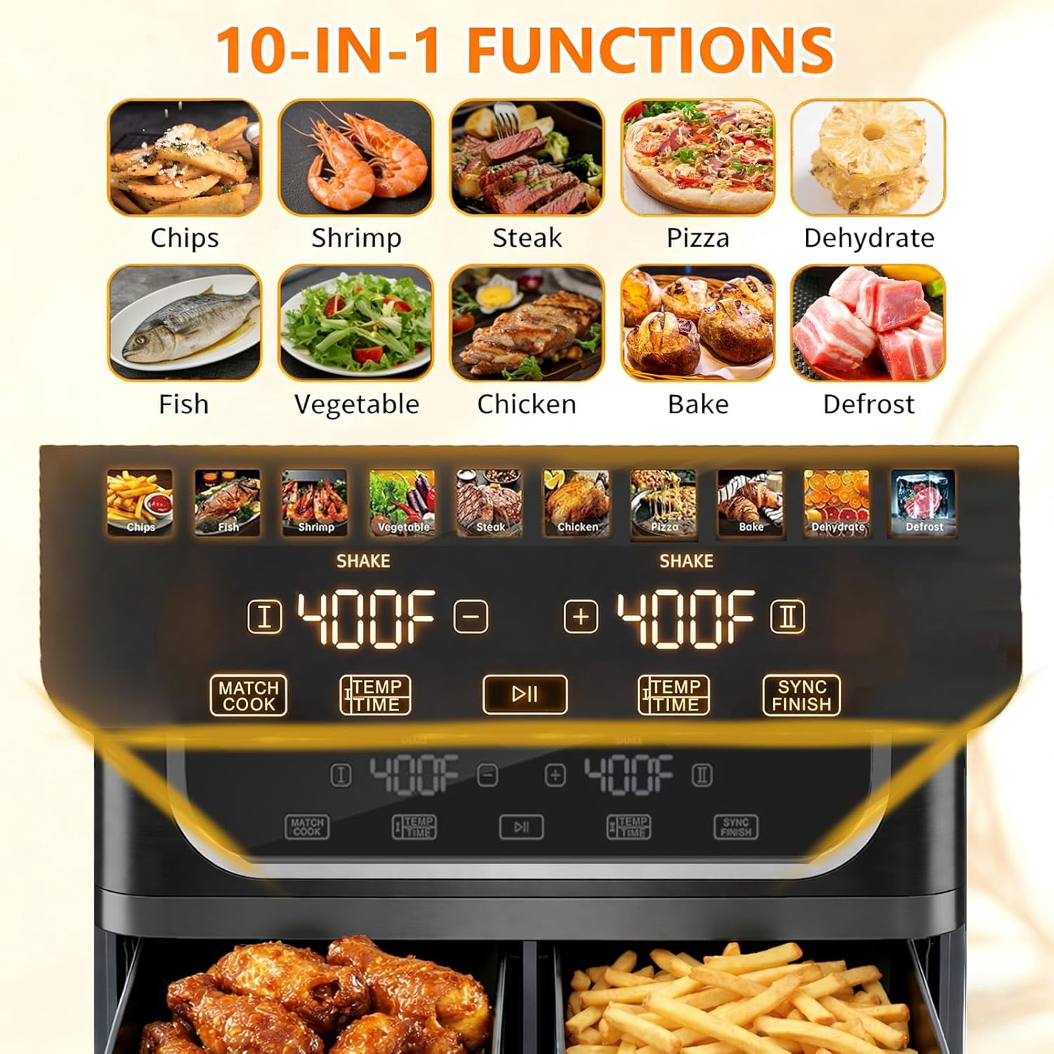 VANECL 9.5QT Dual Basket Air Fryer, Independent Temp Control, Sync Setting, Shake Reminder, 10 Presets: Bake/Roast/Broil/Dehydrate, Black