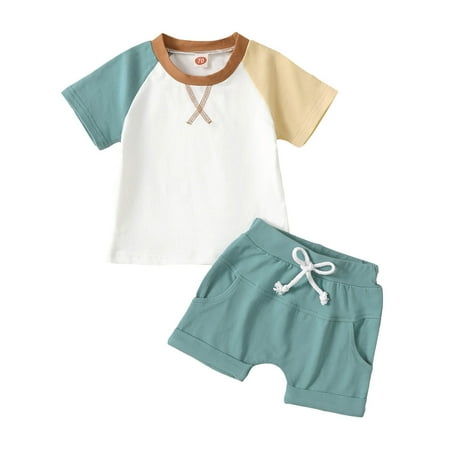 

Boys Outfits Summer Short Sleeve Splicing T Shirt Tops With Shorts Sports Beach Clothes Size 90 Light Blue