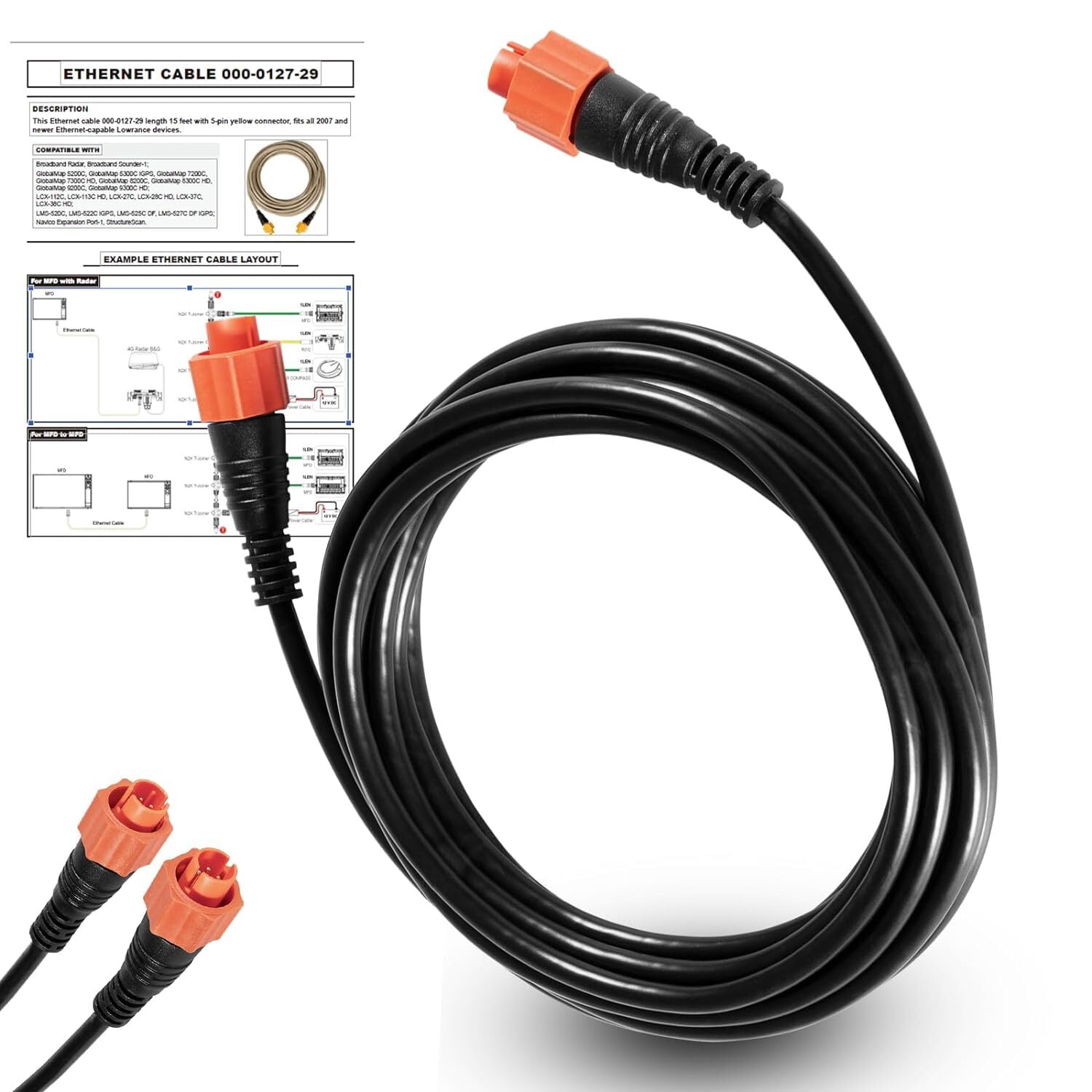for Lowrance Ethernet Cable Cat6 w/ 5-pin Yellow Ether Connector 15-Feet 127-29