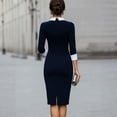 thumbnail image 2 of Morttic Women's Contrast Collar 3/4 Sleeve Pencil Dress – Slim Bodycon Midi Dress, Elegant Office Business Outfit Dark Blue，S, 2 of 3