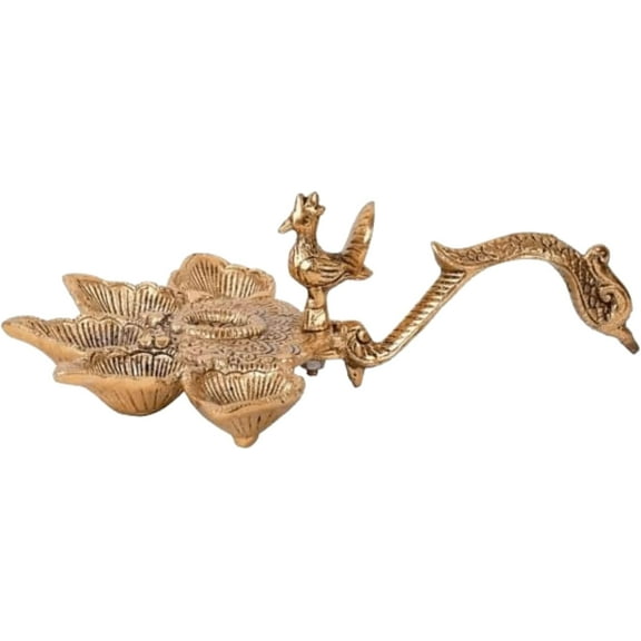 Handmade Panchmukhi Aarti Diya Religious Gift for Pooja Table/Set, Antique Gold