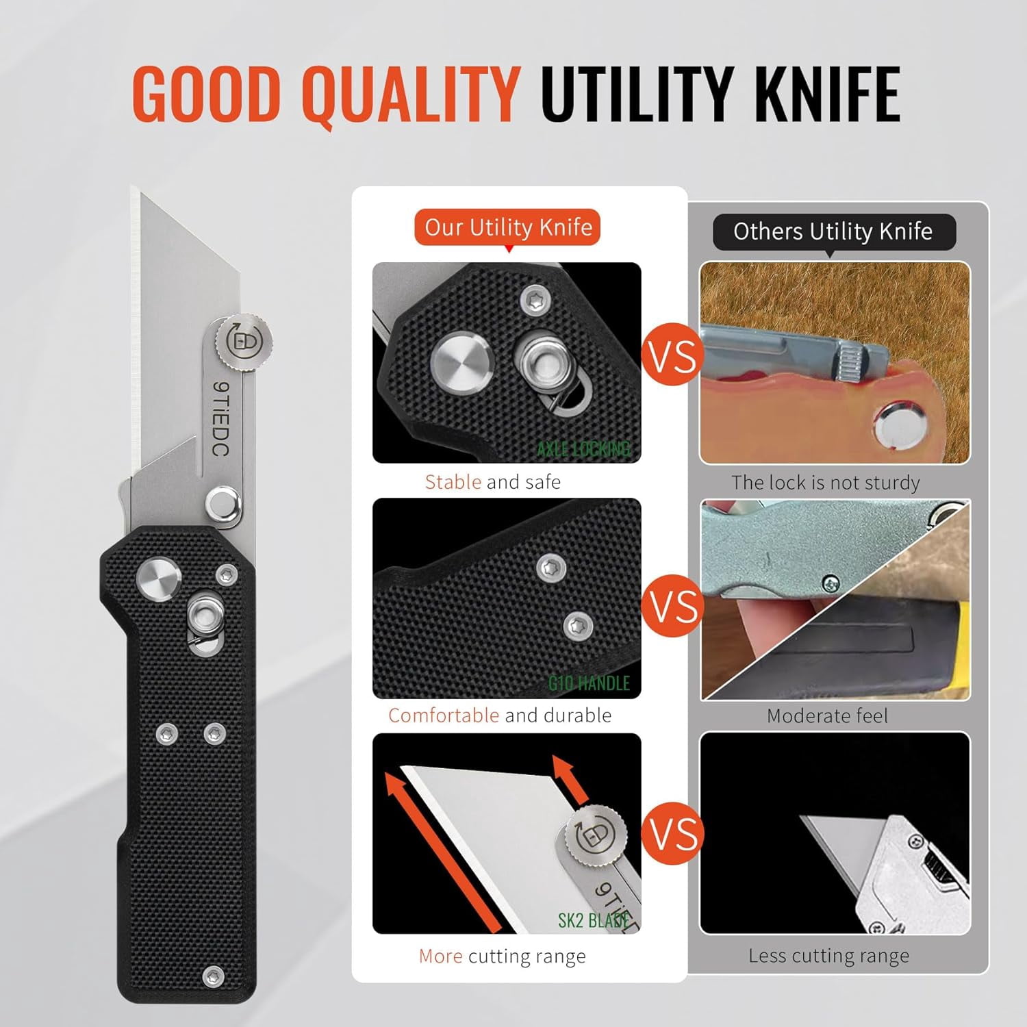 SONGAUN Folding Utility Knife,G10 Handle Heavy Duty Safety Box Cutter,Razor Knife & EDC Pocket Knife with Extra 10PC Blades,Perfect for Household Tools,Office,Factory,Outdoor Use.