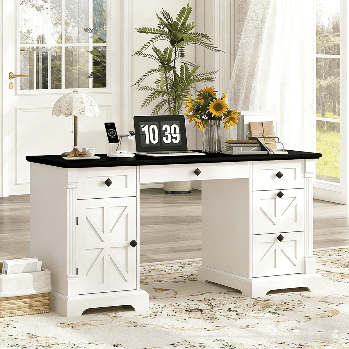 Frmobepts Farmhouse Executive Desk with Drawers, 55" Home Office Desks with Fast Charging Station, Wood Writing Computer Desk for Work, Study, White